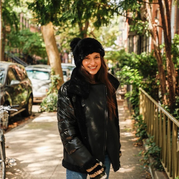 Black Leather and Sherpa Puffer Bomber Jacket Jacket - Picture 2 of 4